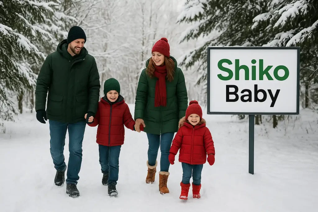 خانواده‌ای در پارک برفی در حال انتخاب و پوشیدن پوتین بچه‌گانه مناسب زمستان - شیکو بیبی