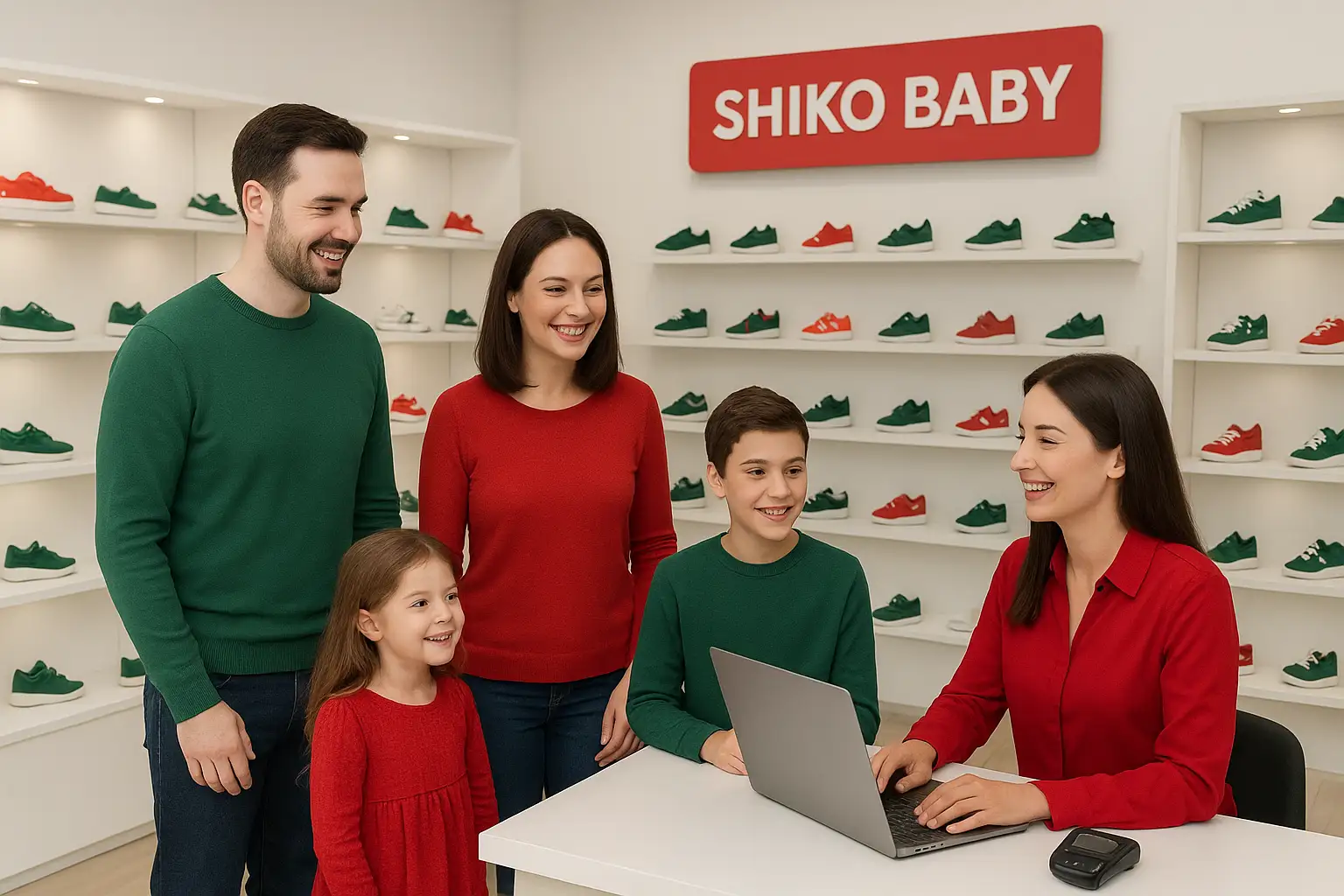 خانواده‌ای خوشحال همراه با دو کودک در فروشگاه کفش بچه‌گانه Shiko Baby در حال خرید قسطی، کنار میز ثبت سفارش با لپ‌تاپ.