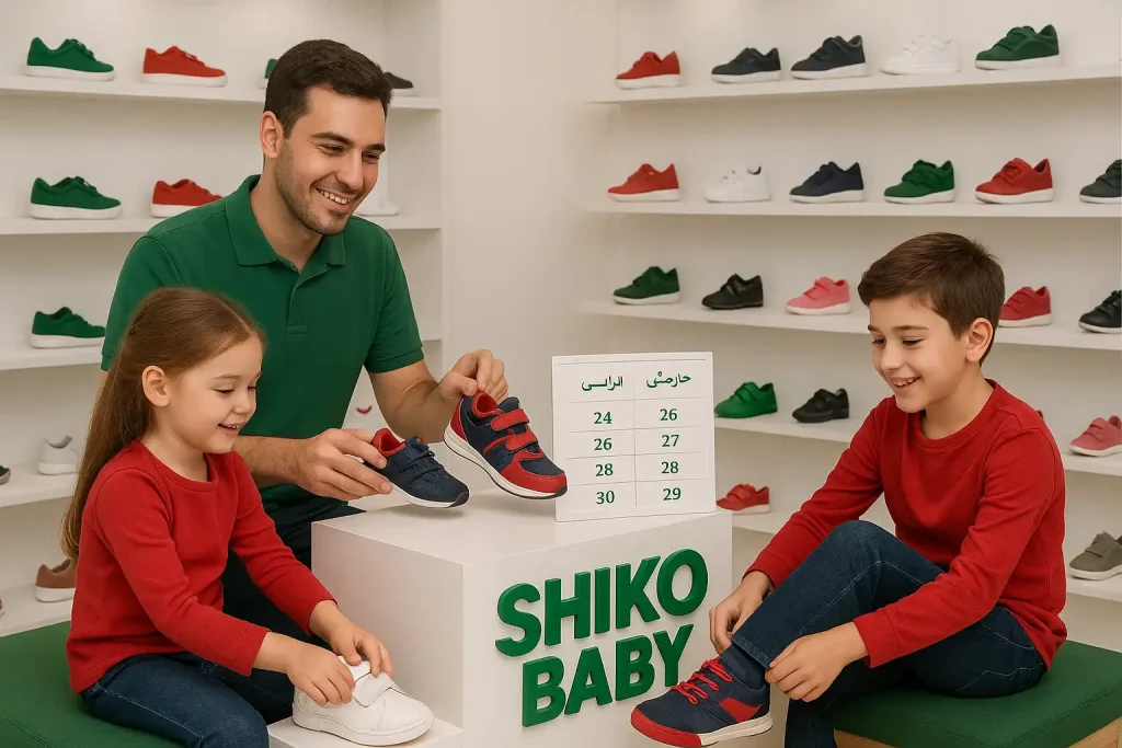 مقایسه سایزبندی کفش بچه‌گانه ایرانی و خارجی در فروشگاه Shiko Baby با حضور فروشنده و دو کودک در حال امتحان کردن کفش‌ها.