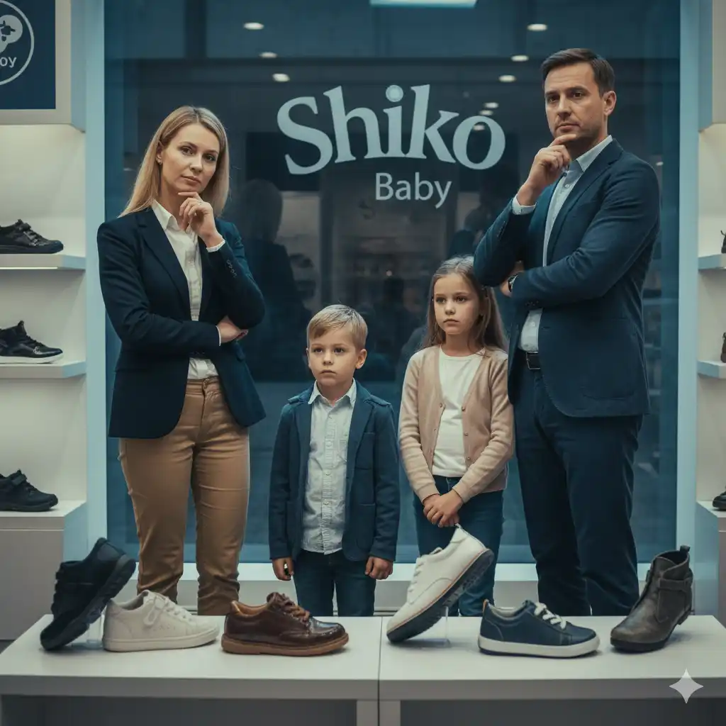 چندین نشانه کفش غیر استاندارد که در یک فروشگاه کفش نمایش داده می شوند. والدین با کودک در حال فکر کردن و بررسی کفش های مختلف هستند.