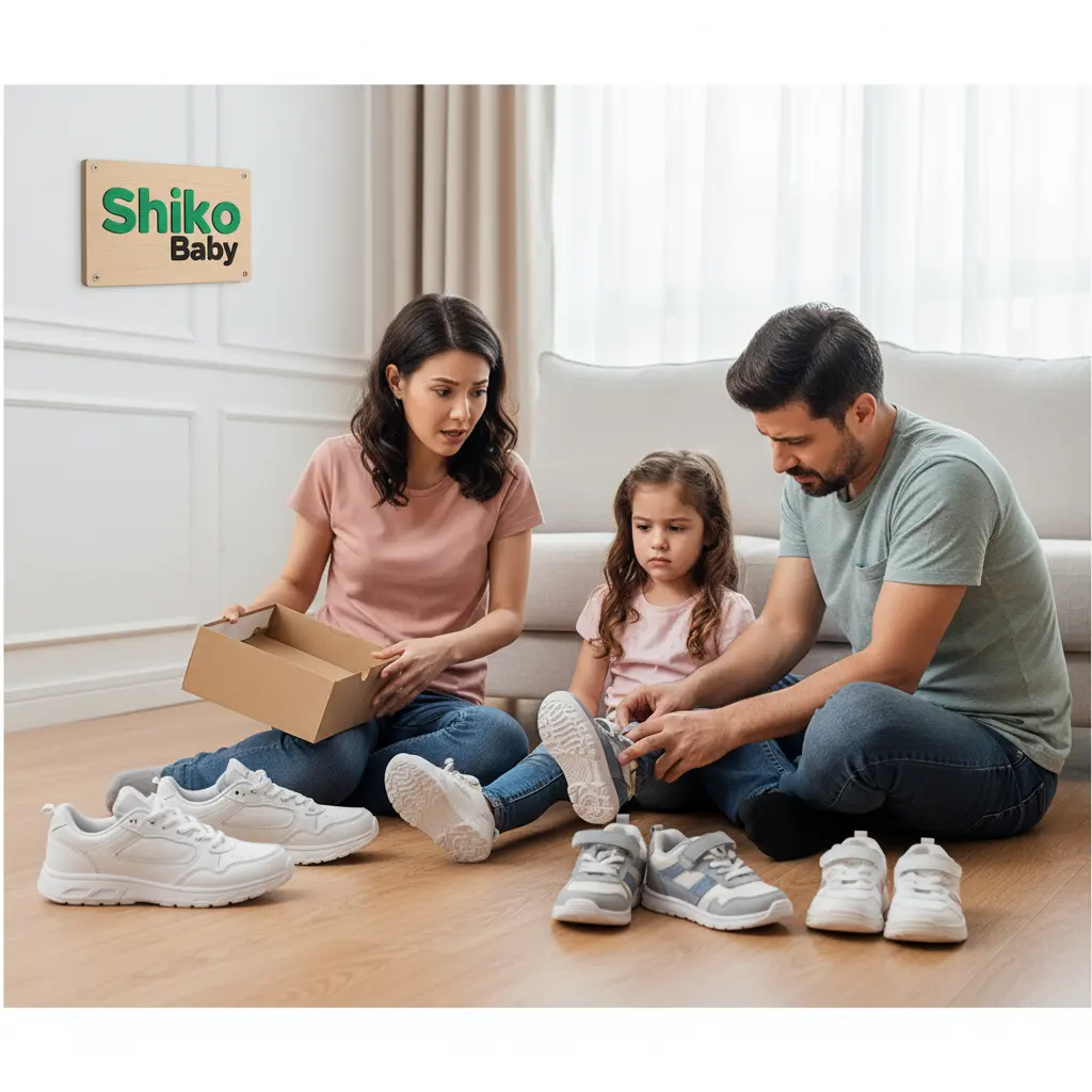 والدین سردرگم در حال امتحان کردن کفش های مختلف برای کودکانشان در منزل