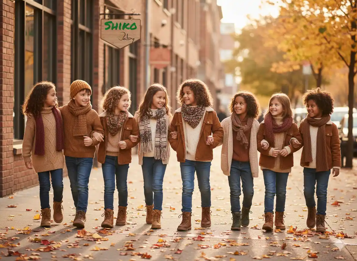 چندین کودک 7 تا 13 سال با پوتین و لباس های کژوال پاییزی ست شده در حال راه رفتن در خیابان