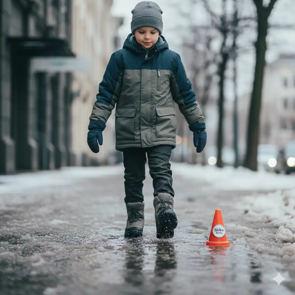 کودکی 7 تا 10 ساله که با پوتین هایی با ویژگی های ضد لیز، با کمی احتیاط در حال راه رفتن روی یک پیاده روی نیمه برفی و خیس است