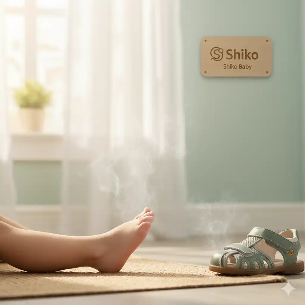 تصویری از پای کودک که نشان‌دهنده تعریق خفیف یا بخار (به صورت هنری و نامحسوس) است، در حالی که در محیطی خنک یا با تهویه قرار دارد. تاکید بر این است که این وضعیت قابل مدیریت است.