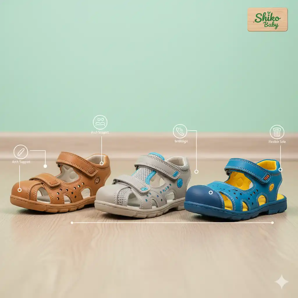 سه مدل صندل طبی متفاوت برای کودکان، با نمایش ویژگی‌های خاص هر کدام که به تهویه و سلامت پا کمک می‌کند. (بدون کودک در تصویر برای تمرکز بر صندل‌ها).