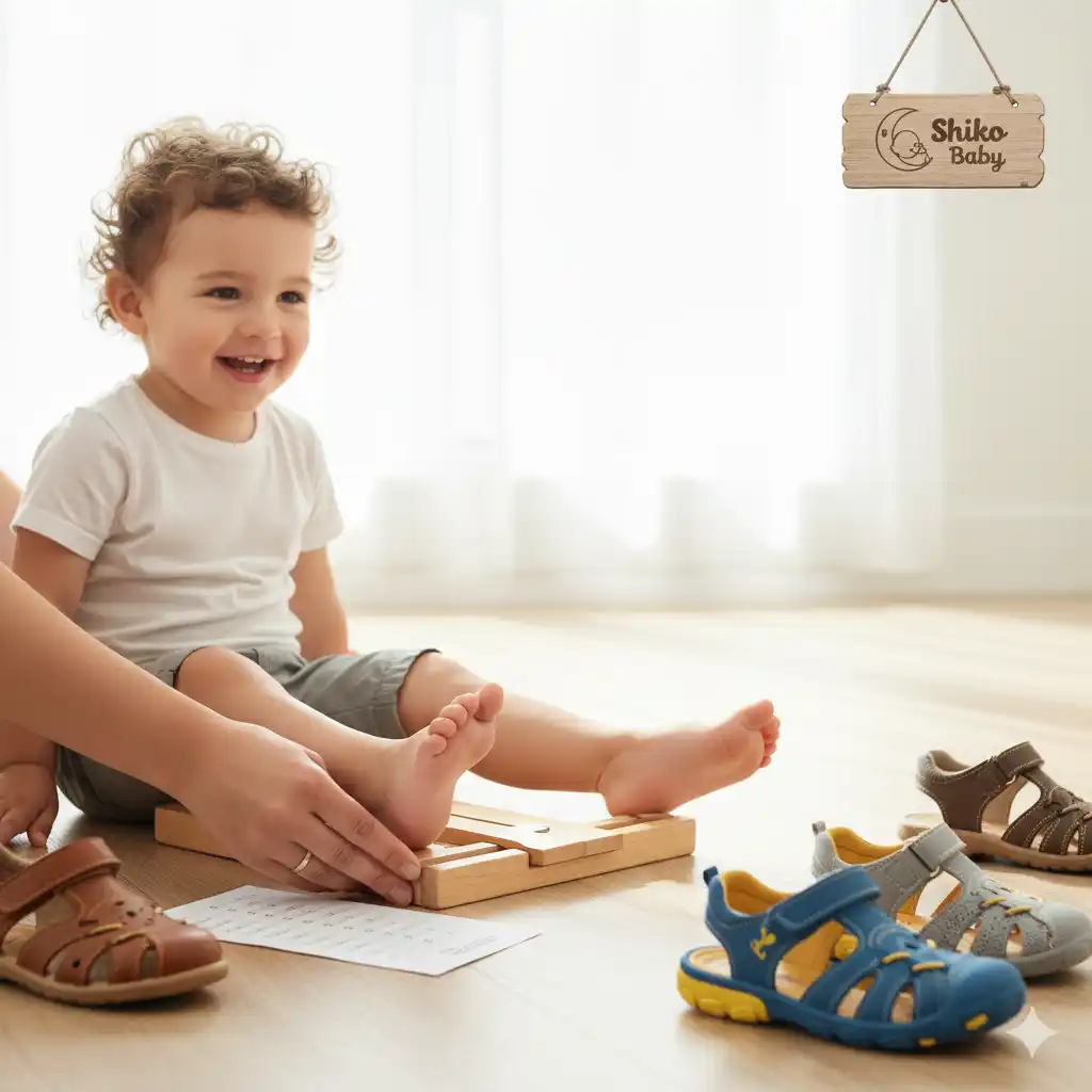 کودک در حال اندازه‌گیری پای خود برای انتخاب صندل مناسب، با تمرکز بر دقت سایز و نمایش متریال‌های مختلف صندل.