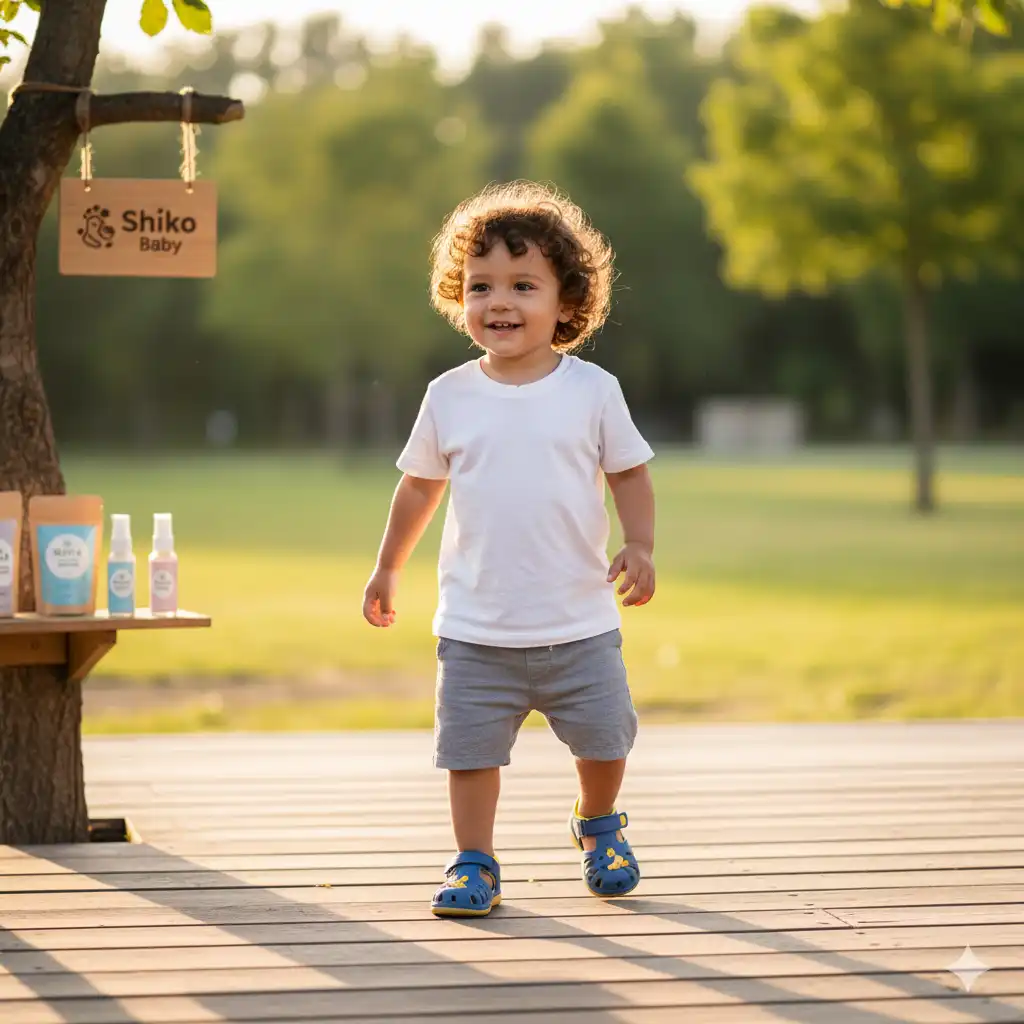 کودکی شاد در حال بازی با صندل، در کنار لوازم بهداشتی مناسب برای پاهای کودک (مانند پودر ضد تعریق ملایم، اسپری خوشبوکننده کودکانه) به صورت نامحسوس.