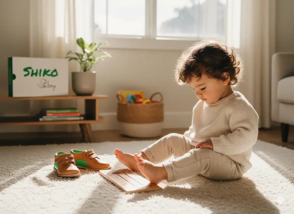 کودک در حال بررسی پای خود، اهمیت کفی طبی برای صافی کف پا