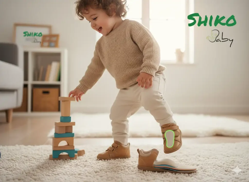 کودک در حال بازی با کفش‌هایی که کفی طبی دارند، با تاکید بر راحتی و حمایت از پا.