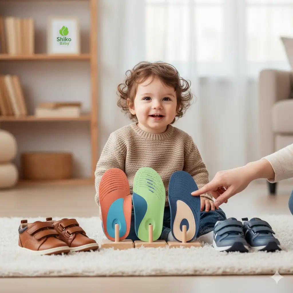 کودک در حال انتخاب یا نگاه کردن به چند نوع مختلف کفی طبی در کنار کفش‌های مناسب برای پای صاف.