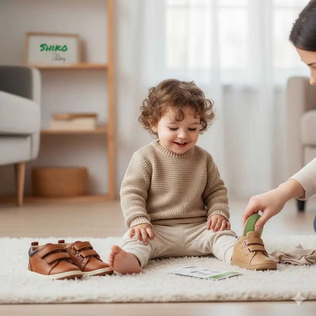 والدین در حال مراقبت یا قرار دادن کفی طبی در کفش کودک، با تاکید بر اهمیت نگهداری صحیح.