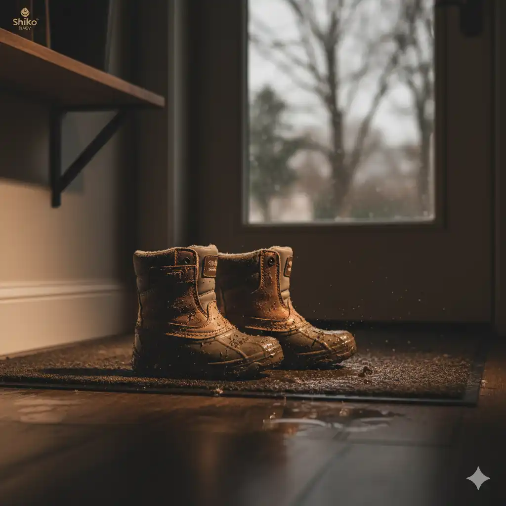 تصویری از پوتین بچه‌گانه در معرض عوامل آسیب‌زا مانند گل، خاک، یا نمک جاده، به گونه‌ای که چالش‌های حفظ ضدآب بودن را نشان دهد.