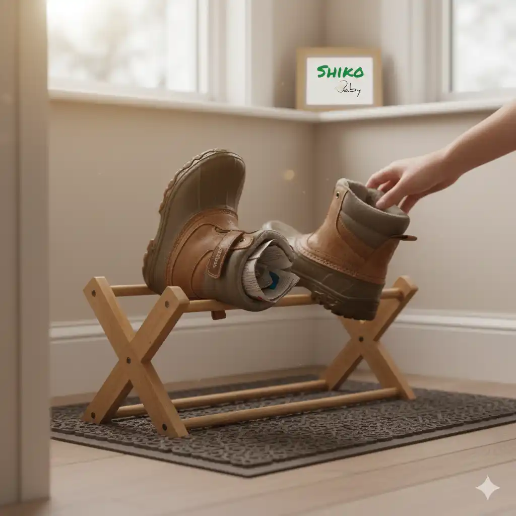 تصویری که روش صحیح و ایمن خشک کردن پوتین بچه‌گانه را نشان دهد، مثلاً با قرار دادن آن در فضای مناسب یا استفاده از ابزارهای خاص.