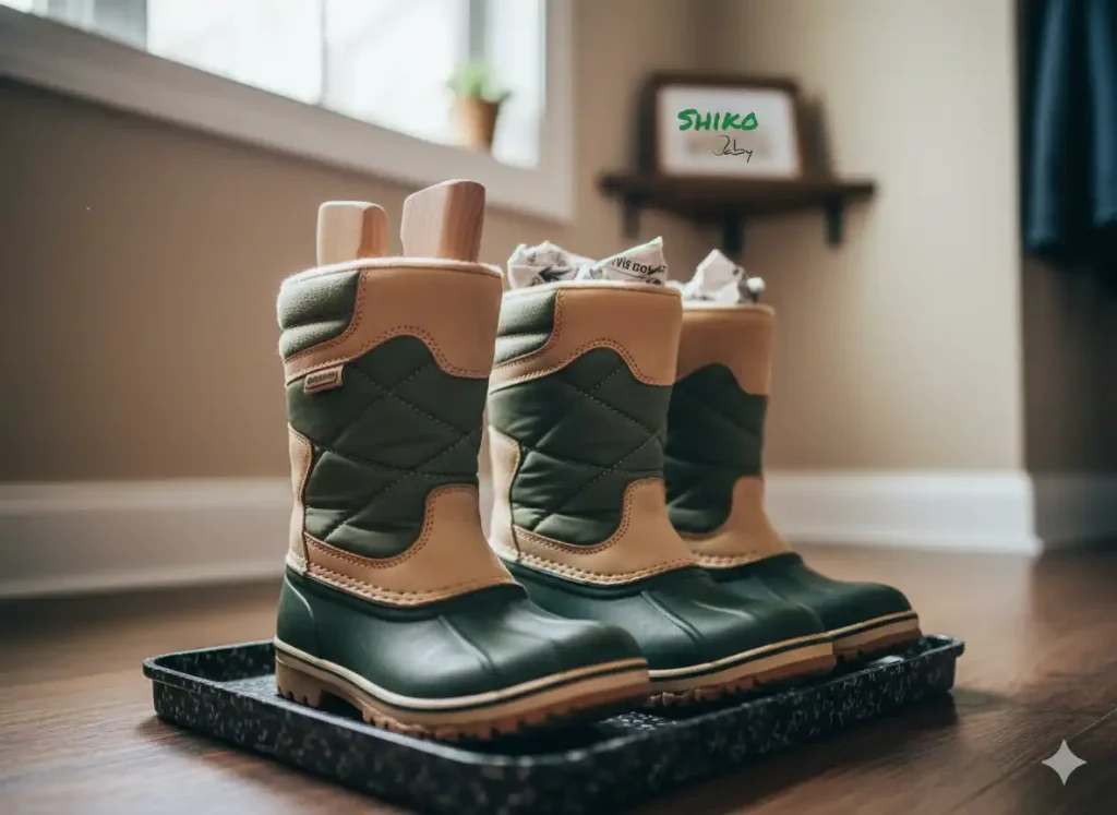 تصویری از پوتین بچه‌گانه که شکل آن با استفاده از پرکننده‌ها یا قالب‌های مخصوص حفظ شده است.