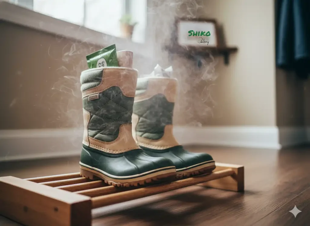 تصویری از پوتین بچه‌گانه در حالتی که تهویه آن مورد تاکید است، شاید با نشان دادن بخار یا فضای تنفسی داخل کفش.