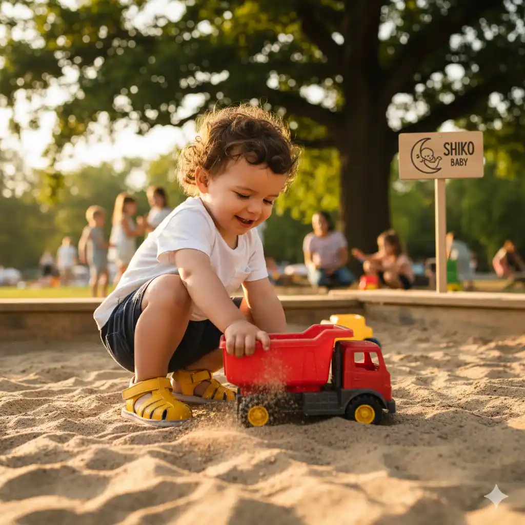 کودکی که صندل با محافظ پنجه پا پوشیده است، در حال بازی. تمرکز بر محافظت جلوی پا.