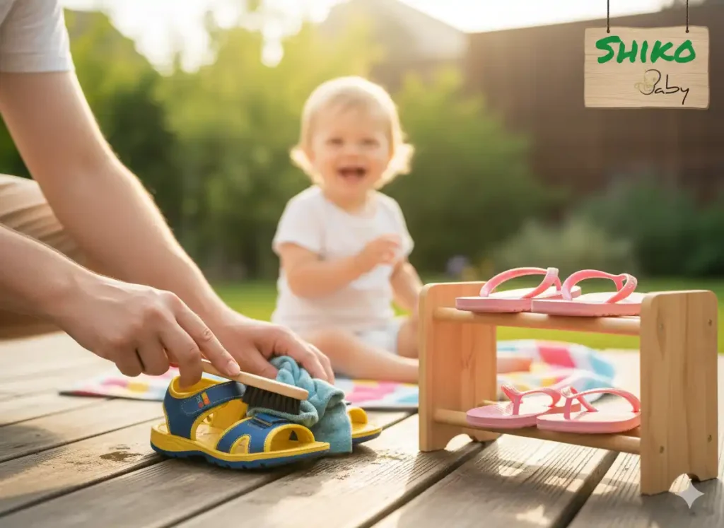 والدین در حال تمیز کردن یا نگهداری صندل بچه‌گانه در فضای تابستانی.