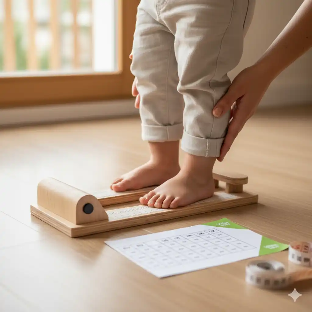 تصویری که فرایند اندازه‌گیری پای کودک را نشان دهد، با ابزارهایی مانند خط‌کش یا متر، یا یک جدول سایزگیری.