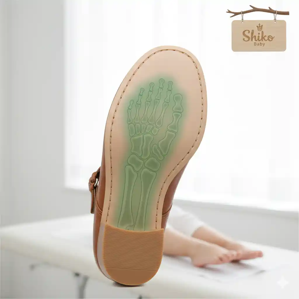 یک نمای نزدیک و واقع‌گرایانه از زیره و پاشنه یک کفش مجلسی بچه‌گانه. تمرکز بر پاشنه کم، پهن و استاندارد برای نشان دادن حمایت و ثبات است.