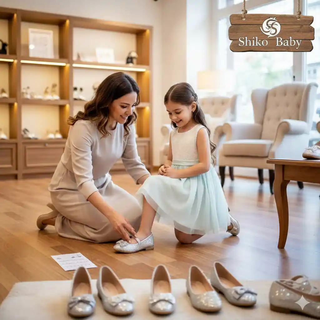 والدین در حال کمک به کودک برای انتخاب کفش مجلسی، با تمرکز بر جزئیاتی فراتر از پاشنه مانند جنس، انعطاف‌پذیری و بندها.