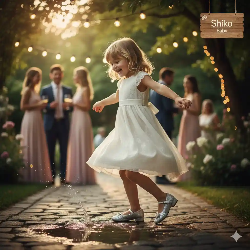 کودکی شاد در حال بازی در یک محیط مجلسی یا نیمه‌مجلسی با کفش‌هایی راحت و مناسب، با تاکید بر تعادل بین زیبایی و راحتی برای فعالیت‌های کودک.