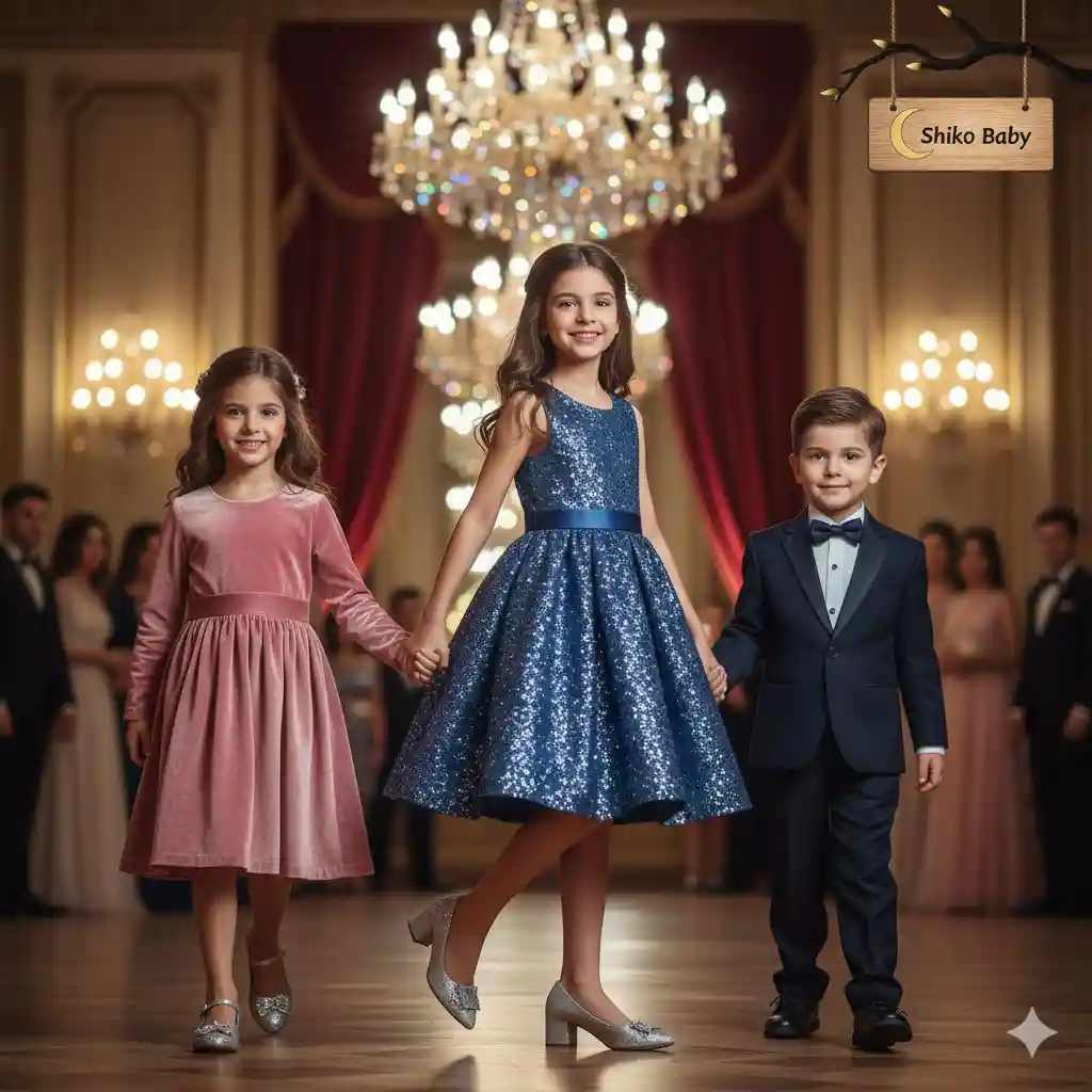 کودکان با کفش مجلسی پاشنه استاندارد در مراسم، لوگو Shiko Baby